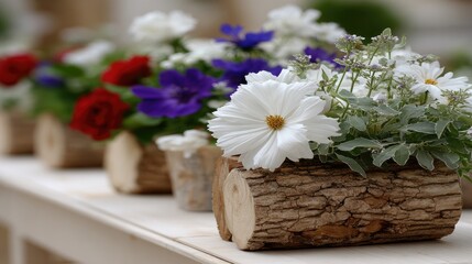 Wooden planters made from driftwood hold colorful spring flowers, showcasing unique textures and natural beauty in soft lighting