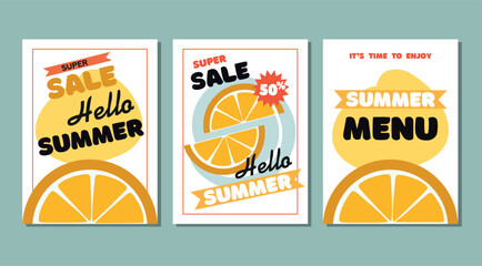 Set Summer flyer templates with oranges. Summer sale banner, menu poster design.