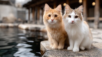 Red and multicolored long-haired cats sit on the edge of a hot spring, their wet fur glistening as they gaze toward the camera