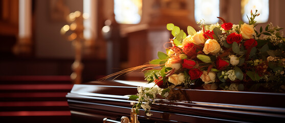 Funeral ceremony graphic, coffin, flowers.
