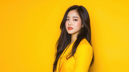 Stylish Asian woman poses confidently against vibrant yellow background, showcasing her long hair and fashionable outfit