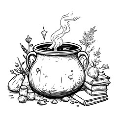 Witch Cauldron and Spell Books Illustration – Magical Potion Brewing Vector