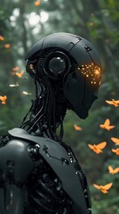 Dark Metallic Robot Gazing at Holographic Orange Birds in a Forest.