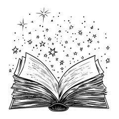 Magical Open Book Illustration &ndash; Hand Drawn Vector with Stars and Sparkles