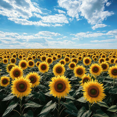 Fototapeta premium Many blooming field of sunflowers in summer