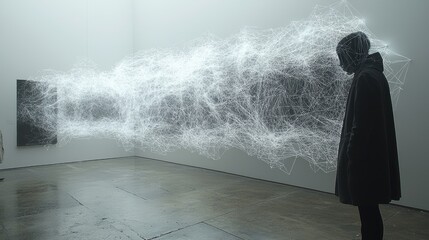 Glowing White Particles Flowing Around Hooded Figure in Modern Gallery