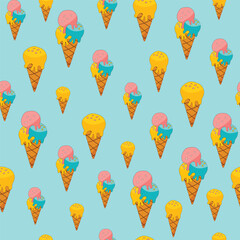 summer seamless pattern with ice cream in waffle cones on a blue background
