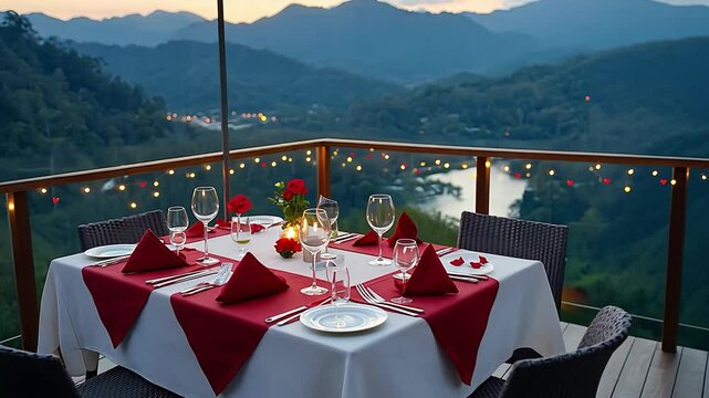 Romantic outdoor dining setup with elegant tableware and scenic mountain backdrop at dusk