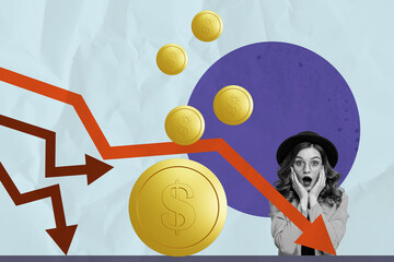 Composite sketch design artwork 3D photo collage of young lady shocked arrow point low coins...