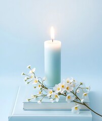 candles and flowers with iceblue colour isolated on iceblue background