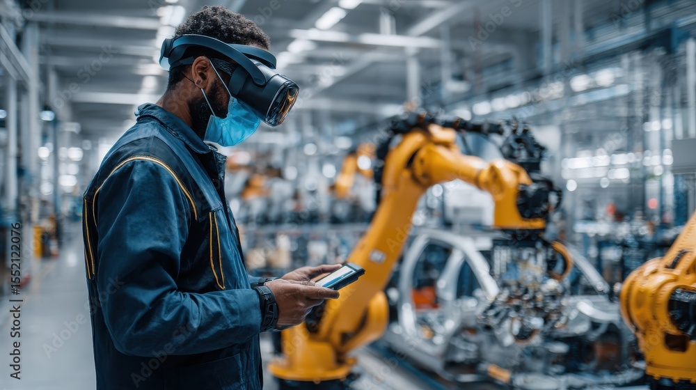 Poster engineer wearing headset and mask controls robotic arm while checking device in automotive productio