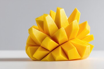 Precision-cut mango art, sharp angles and clean lines, minimal background