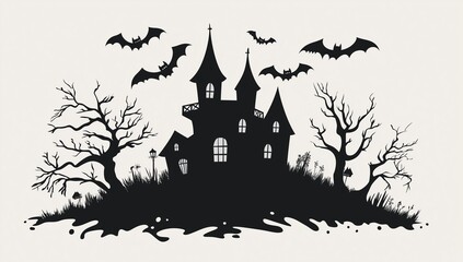 Halloween haunted house with bats and trees vector black silhouette on white background, halloween clip art illustrations, simple, white background, no shadows, clipart style, simple design, minimalis