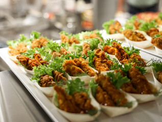 Multiple servings of crispy fried chicken with lettuce arranged in eco-friendly white cups, prepared for catering service or takeaway in a professional kitchen.