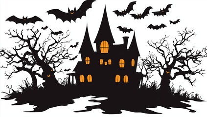 Halloween haunted house with bats and trees vector black silhouette on white background, halloween clip art illustrations, simple, white background, no shadows, clipart style, simple design, minimalis