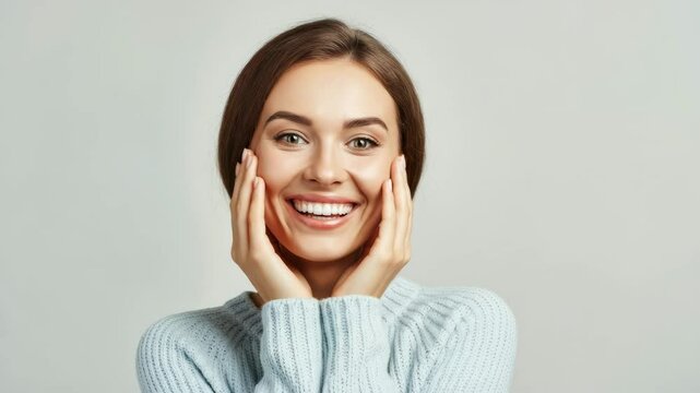 Woman expresses joy through delightful facial expressions in timely sequence