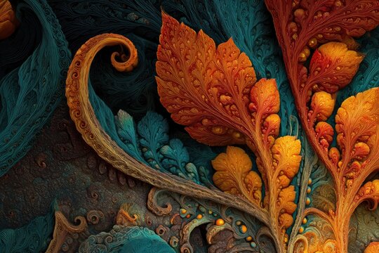 Psychedelic fractal art in juicy mango tones, swirling patterns and glowing colors