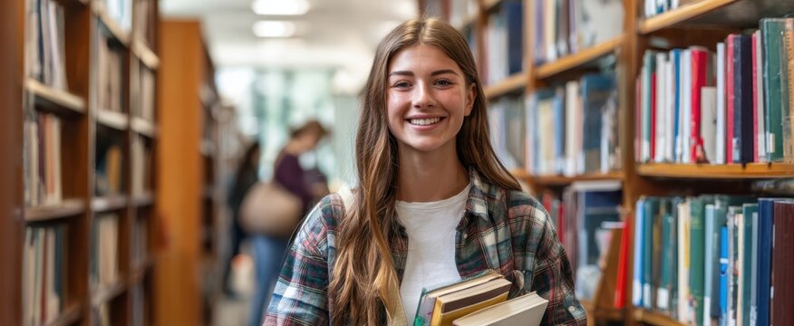 The smiling student enjoying her time in the library with books.