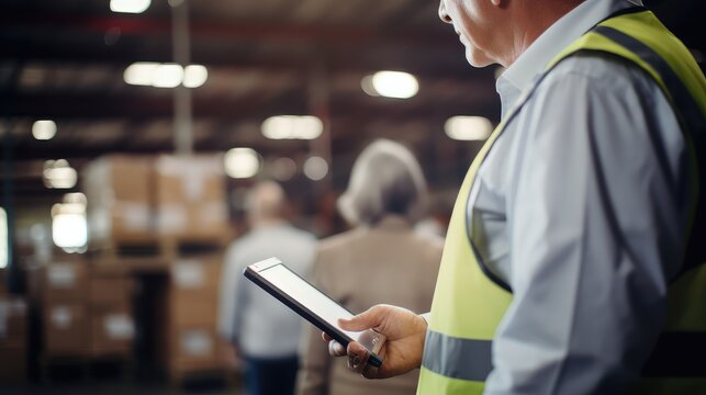 Focused accountant meticulously organizing financial records in a bustling warehouse.