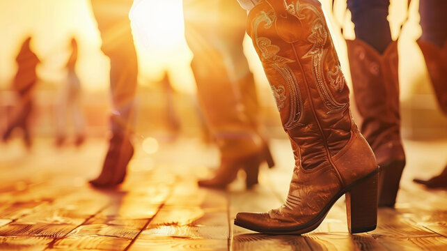 Golden Hour Country Boots: Women Brown Leather Cowboy Boots at Sunset Dance. Contra Line Dancing Boots silhouette. Country Western Dancing Couple at Sunset. Country bar dancing low angle shot - Powered by Adobe