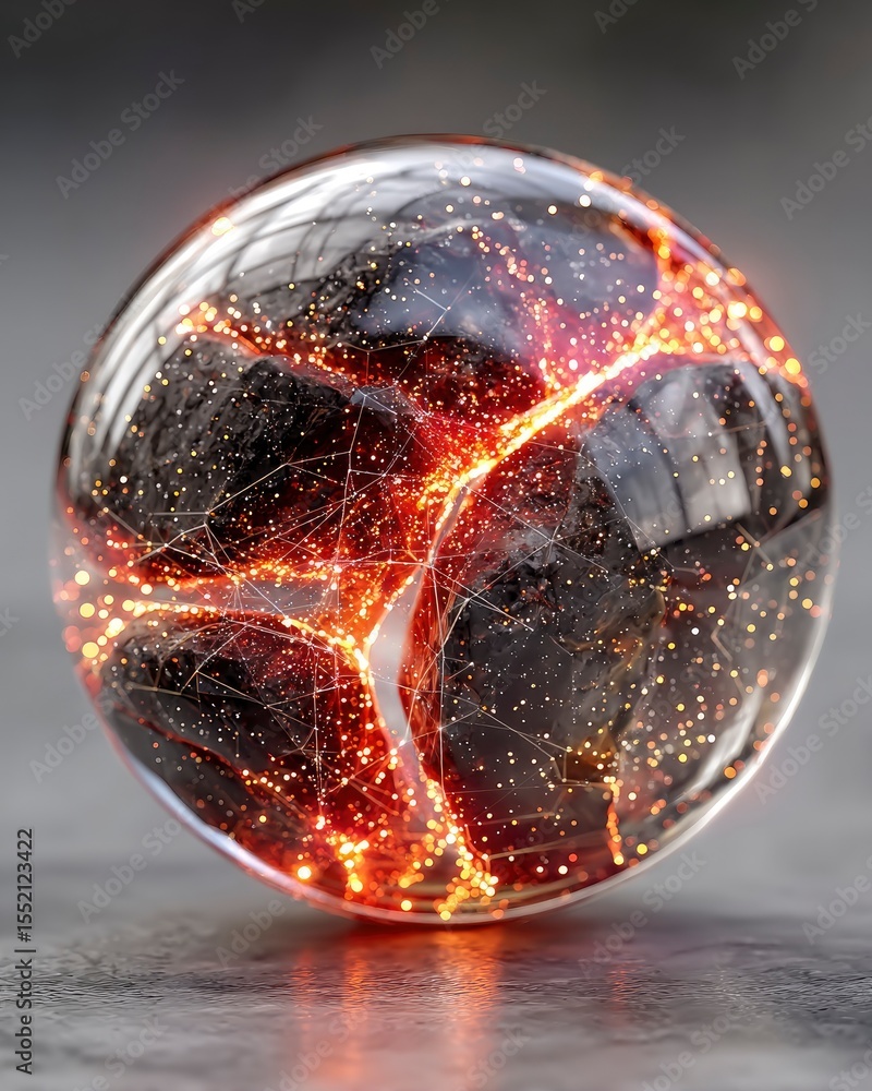 Poster glowing abstract sphere with fire and data communication