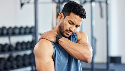 Man experiencing shoulder pain after workout at gym.