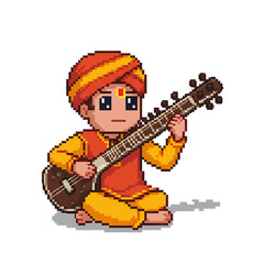 Pixel Art Sitar Player Indian Musician Illustration on transparent background