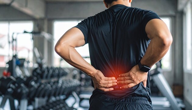 Man Experiencing Lower Back Pain After Workout at Gym.