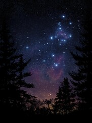 Enchanting celestial nightscape with orion constellation over silhouetted trees.