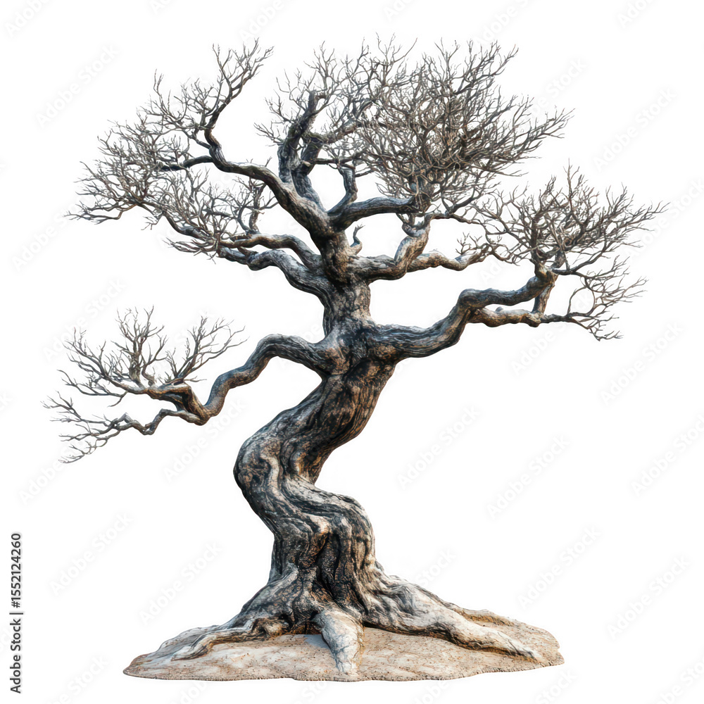 Poster detailed ancient gnarled tree with intricate branches and textured bark isolated on transparent back