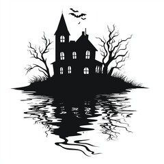 Halloween haunted house with bats and spooky trees on the water, vector black monochrome silhouette on a white background
