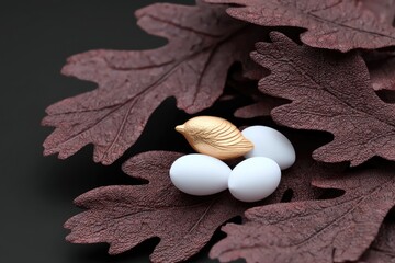 Gold Bird and White Eggs Nestled Among Dark Red Leaves