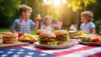 Children celebrating with burgers and american flags at a backyard barbecue on the fourth of july