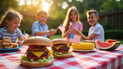 Children celebrate with burgers corn watermelon and onion rings on a checkered tablecloth outdoors