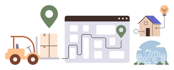 Fototapeta premium Forklift moving stacked boxes, digital map with route and markers, energy-efficient house, and innovation icons. Ideal for transportation, logistics, sustainability, technology, innovation planning