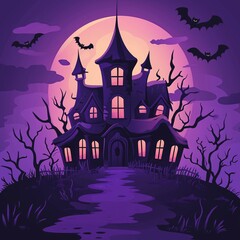 A spooky haunted house illustration set against the backdrop of a purple sky and full moon, surrounded by bats. The design includes a path leading to an old mansion with glowing windows. 