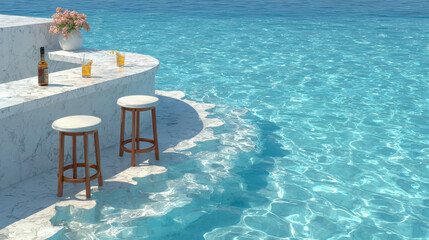 Fototapeta premium Elegant marble bar with round stools sits at the edge of a serene, clear-blue pool under bright sunlight