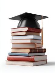 front view of stacked books, a graduation cap for education day isolated white background