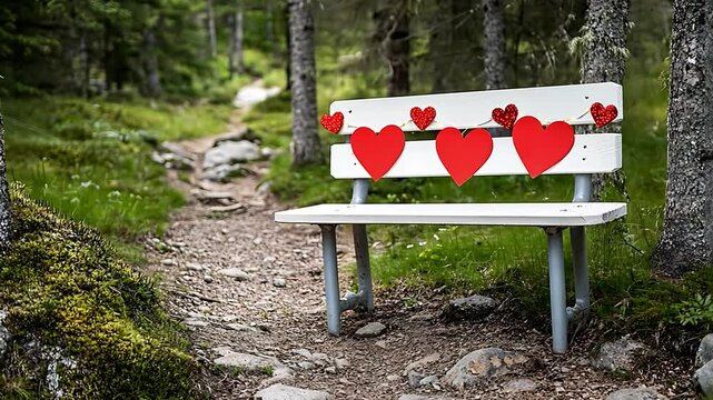 Romantic wooden bench in serene forest path adorned with red hearts for love and affection setting