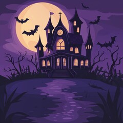 A spooky haunted house illustration set against the backdrop of a purple sky and full moon, surrounded by bats. The design includes a path leading to an old mansion with glowing windows. 