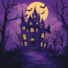 A spooky haunted house illustration set against the backdrop of a purple sky and full moon, surrounded by bats. The design includes a path leading to an old mansion with glowing windows. 