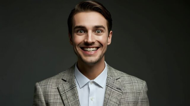 Surprised expression transforms into joyful smile with hands dropping in three quick steps
