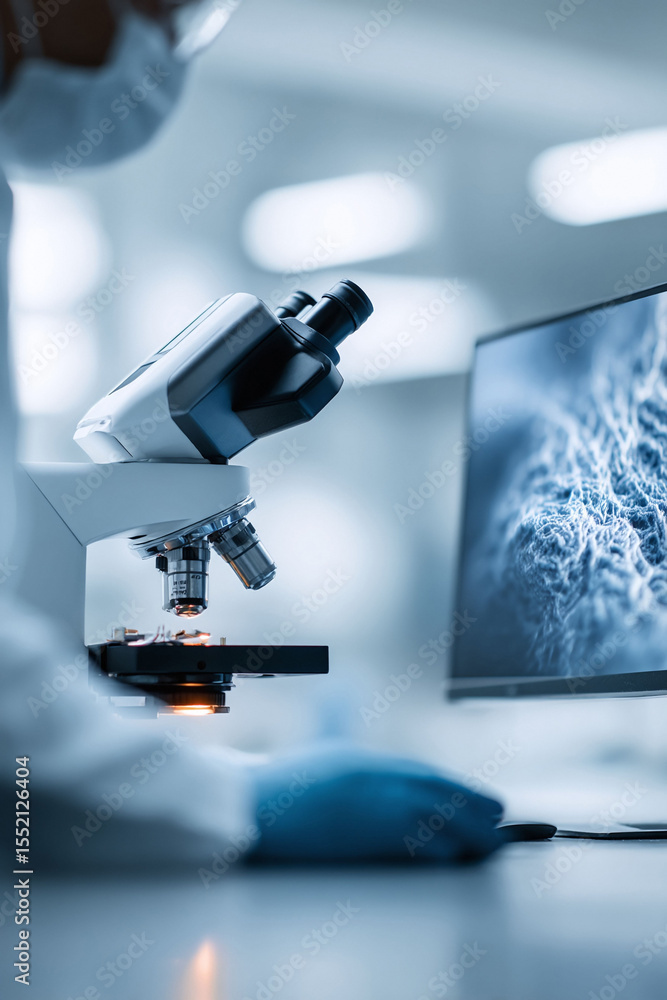 Poster closeup of a scientist using a microscope, studying cells on a computer screen. depicts research, me