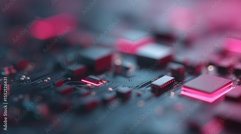 Poster closeup of a circuit board with glowing pink accents. evokes concepts of technology, data processing