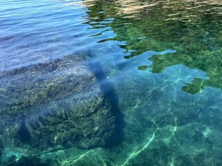 Sea transparent water with algae at the bottom.