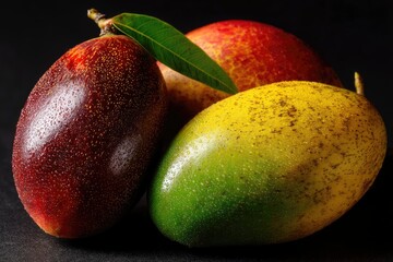 Trio of mangoes, each in a different stage, detailed texture and natural light