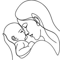 Mother holding newborn baby. Tender moment of motherhood captured in line art style.  Line drawing depicts loving embrace between parent and infant.
