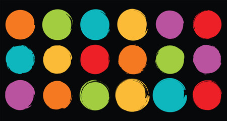 Set of round grunge multicolor circles shapes on a black background. Grunge round shapes. Grunge banner and paint brush stamps, paint brush stock set, colored brush circle 