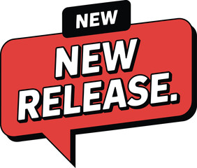 Vibrant Red New Release Announcement Sign with Bold White Text and Striking Black Accents Perfect for Marketing Promotions