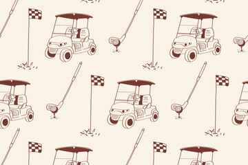 Hand drawn golf cart and equipment pattern. Perfect for golf club branding, wrapping paper or sports-themed digital products.